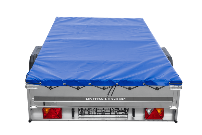 Einachsanhänger 264×150 UNITRAILER GARDEN 265 KIPP mit einem Flachplanenträger und blauer Plane-Neu