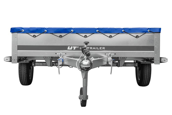 Einachsanhänger 264×150 UNITRAILER GARDEN 265 KIPP mit einem Flachplanenträger und blauer Plane-Neu