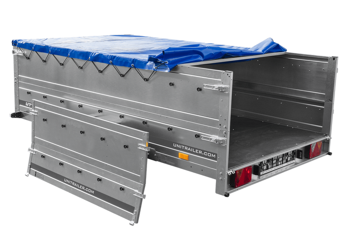 Einachsanhänger 264×150 UNITRAILER GARDEN 265 KIPP mit zusätzlichen Bordwänden, H-0-Rahmen und blauer Plane-Neu