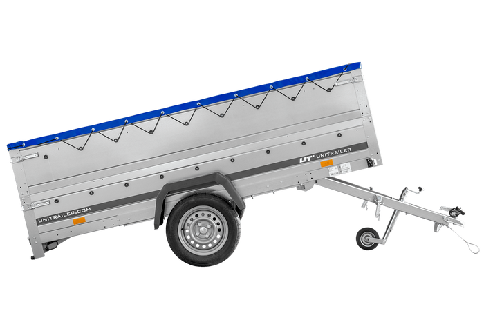 Einachsanhänger 264×150 UNITRAILER GARDEN 265 KIPP mit zusätzlichen Bordwänden, H-0-Rahmen und blauer Plane-Neu