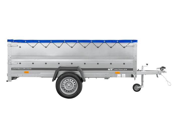 Einachsanhänger 264×150 UNITRAILER GARDEN 265 KIPP mit zusätzlichen Bordwänden, H-0-Rahmen und blauer Plane-Neu