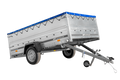 Einachsanhänger 264×150 UNITRAILER GARDEN 265 KIPP mit zusätzlichen Bordwänden, H-0-Rahmen und blauer Plane-Neu