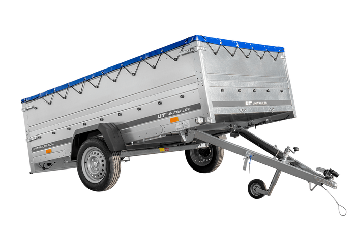 Einachsanhänger 264×150 UNITRAILER GARDEN 265 KIPP mit zusätzlichen Bordwänden, H-0-Rahmen und blauer Plane-Neu