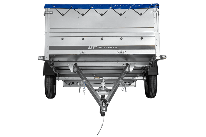 Einachsanhänger 264×150 UNITRAILER GARDEN 265 KIPP mit zusätzlichen Bordwänden, H-0-Rahmen und blauer Plane-Neu