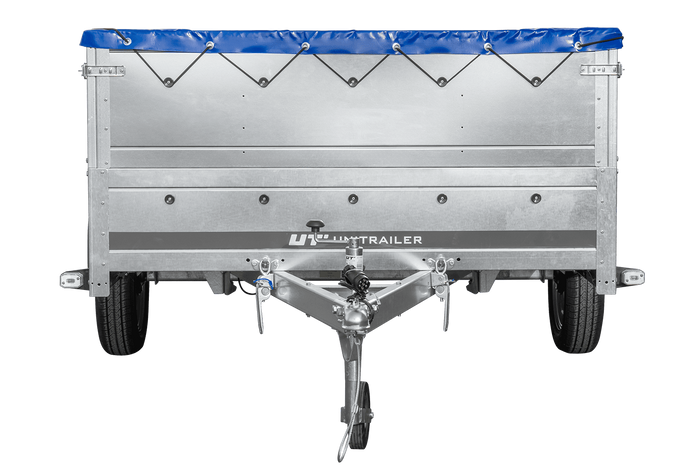 Einachsanhänger 264×150 UNITRAILER GARDEN 265 KIPP mit zusätzlichen Bordwänden, H-0-Rahmen und blauer Plane-Neu