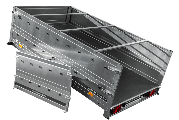 Einachsanhänger 264×150 UNITRAILER GARDEN 265 KIPP mit zusätzlichen Bordwänden, H-0-Rahmen und blauer Plane-Neu