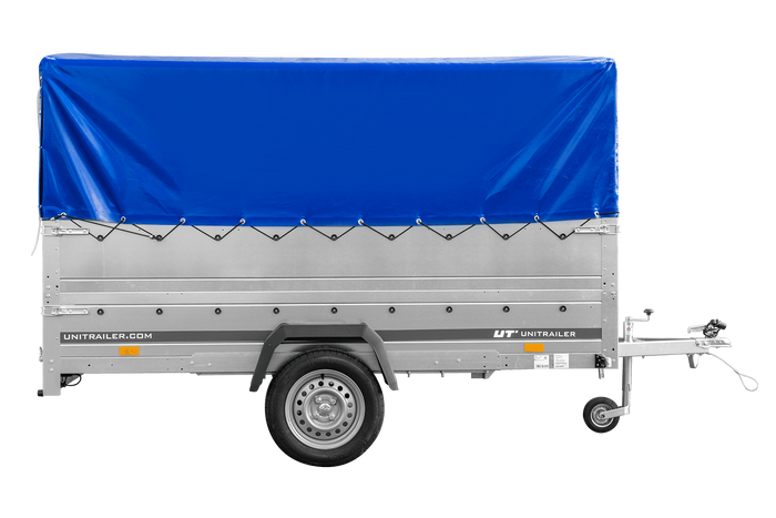 Einachsanhänger 264×150 UNITRAILER GARDEN 265 KIPP mit zusätzlichen Bordwänden, H-800-Hochspriegel und blauer Plane-Neu