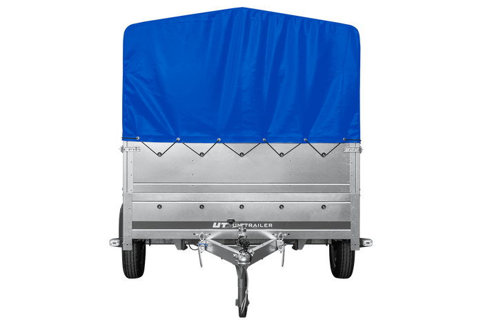 Einachsanhänger 264×150 UNITRAILER GARDEN 265 KIPP mit zusätzlichen Bordwänden, H-800-Hochspriegel und blauer Plane-Neu