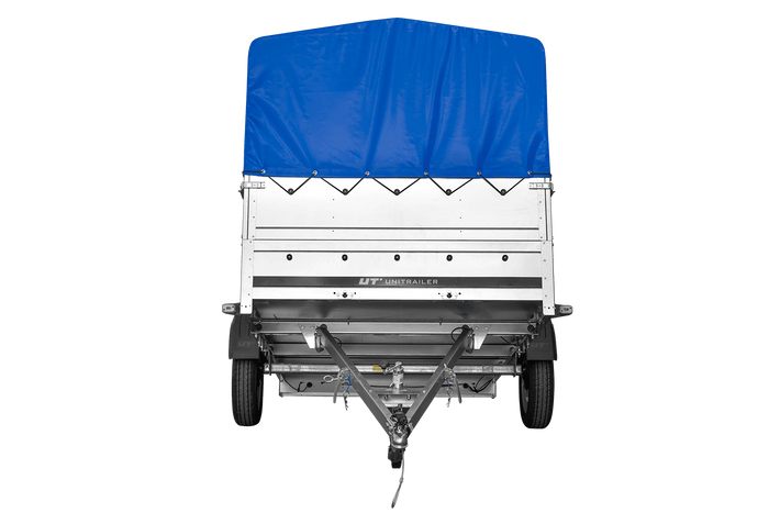 Einachsanhänger 264×150 UNITRAILER GARDEN 265 KIPP mit zusätzlichen Bordwänden, H-800-Hochspriegel und blauer Plane-Neu