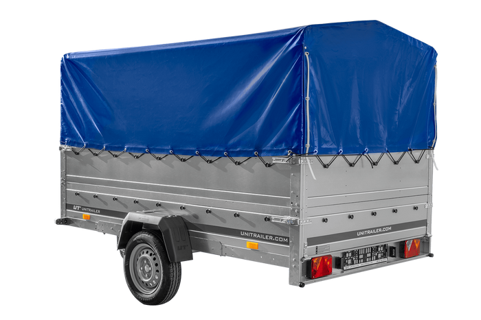 Einachsanhänger 264×150 UNITRAILER GARDEN 265 KIPP mit zusätzlichen Bordwänden, H-800-Hochspriegel und blauer Plane-Neu