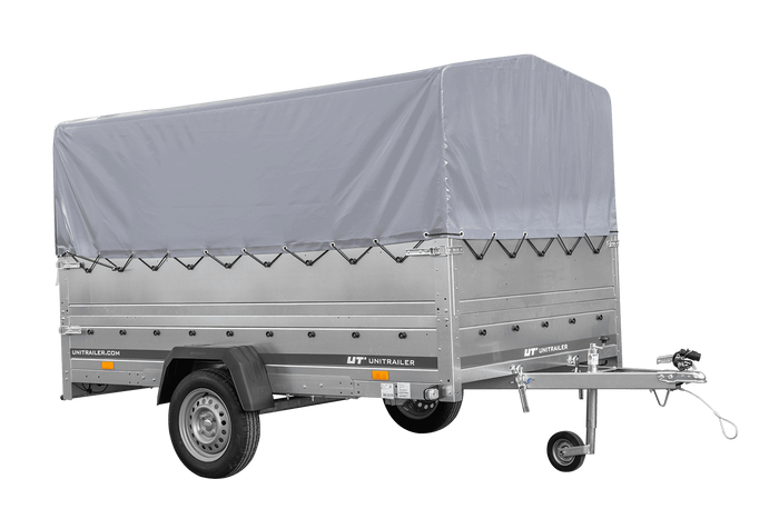 Einachsanhänger 264×150 UNITRAILER GARDEN 265 KIPP mit zusätzlichen Bordwänden, H-800-Rahmen und grauer Plane-Neu