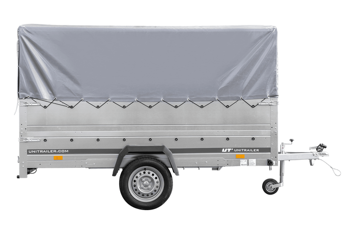 Einachsanhänger 264×150 UNITRAILER GARDEN 265 KIPP mit zusätzlichen Bordwänden, H-800-Rahmen und grauer Plane-Neu