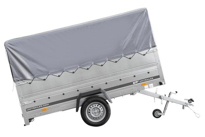 Einachsanhänger 264×150 UNITRAILER GARDEN 265 KIPP mit zusätzlichen Bordwänden, H-800-Rahmen und grauer Plane-Neu