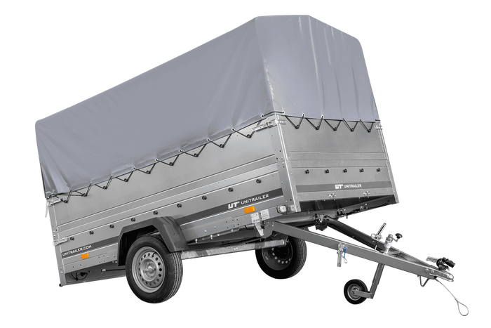 Einachsanhänger 264×150 UNITRAILER GARDEN 265 KIPP mit zusätzlichen Bordwänden, H-800-Rahmen und grauer Plane-Neu