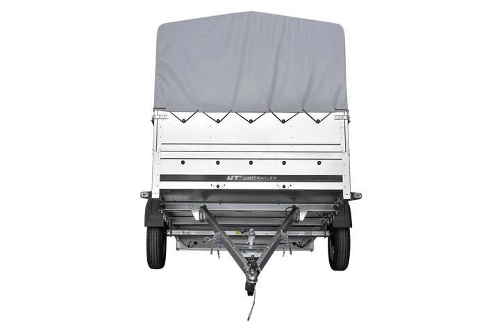 Einachsanhänger 264×150 UNITRAILER GARDEN 265 KIPP mit zusätzlichen Bordwänden, H-800-Rahmen und grauer Plane-Neu