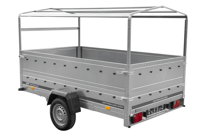 Einachsanhänger 264×150 UNITRAILER GARDEN 265 KIPP mit zusätzlichen Bordwänden, H-800-Rahmen und grauer Plane-Neu