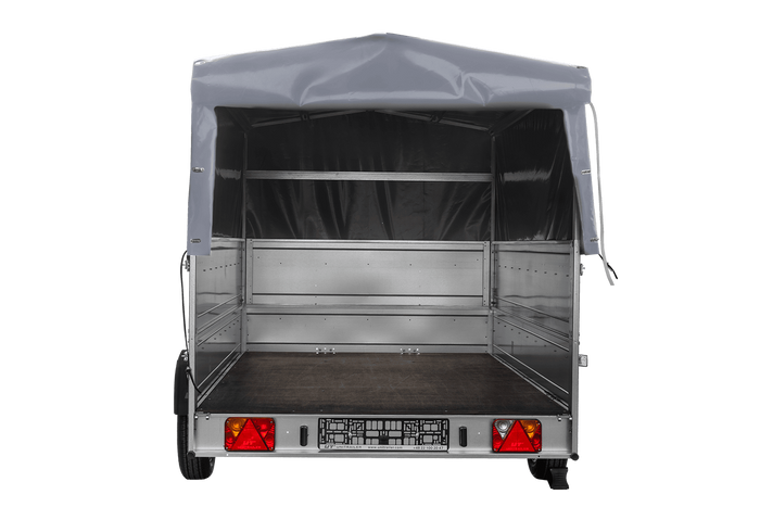 Einachsanhänger 264×150 UNITRAILER GARDEN 265 KIPP mit zusätzlichen Bordwänden, H-800-Rahmen und grauer Plane-Neu