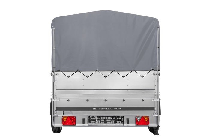 Einachsanhänger 264×150 UNITRAILER GARDEN 265 KIPP mit zusätzlichen Bordwänden, H-800-Rahmen und grauer Plane-Neu