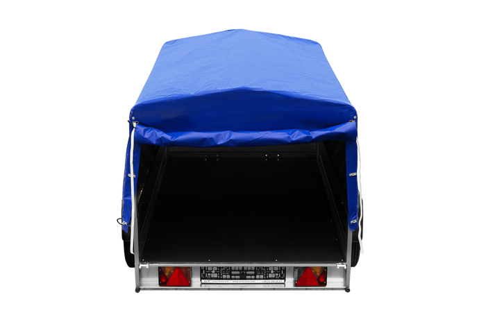 Einachsanhänger auf Blattfedern 200×125 UNITRAILER GARDEN 201/R KIPP mit H-800-Rahmen und blauer Plane-Neu