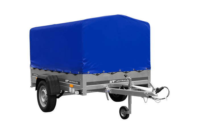 Einachsanhänger auf Blattfedern 200×125 UNITRAILER GARDEN 201/R KIPP mit H-800-Rahmen und blauer Plane-Neu