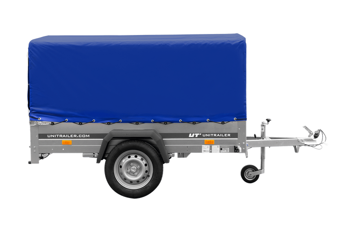 Einachsanhänger auf Blattfedern 200×125 UNITRAILER GARDEN 201/R KIPP mit H-800-Rahmen und blauer Plane-Neu