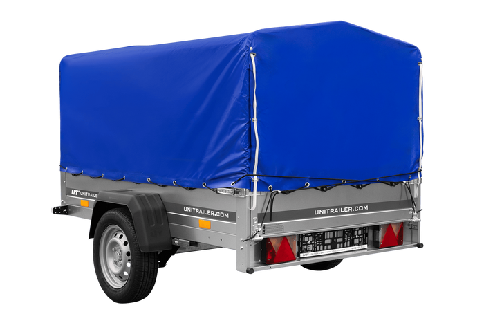Einachsanhänger auf Blattfedern 200×125 UNITRAILER GARDEN 201/R KIPP mit H-800-Rahmen und blauer Plane-Neu