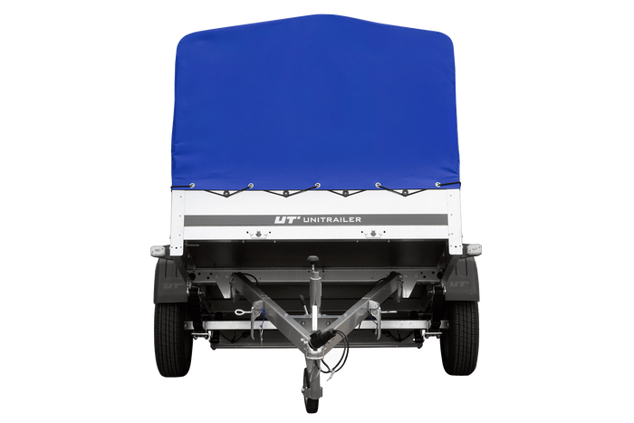 Einachsanhänger auf Blattfedern 200×125 UNITRAILER GARDEN 201/R KIPP mit H-800-Rahmen und blauer Plane-Neu