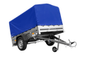 Einachsanhänger auf Blattfedern 200×125 UNITRAILER GARDEN 201/R KIPP mit H-800-Rahmen und blauer Plane-Neu