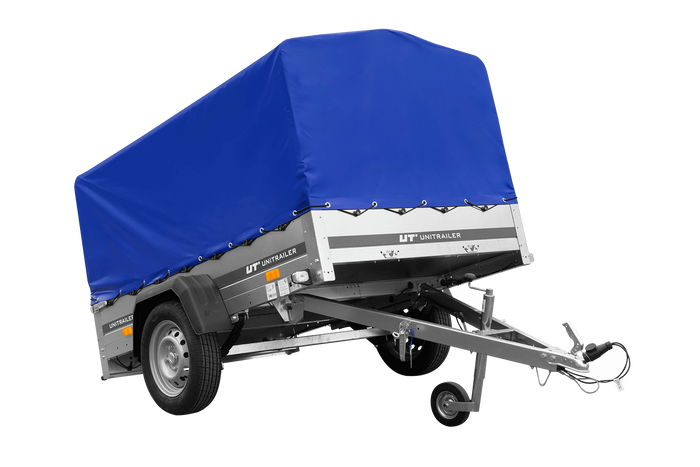 Einachsanhänger auf Blattfedern 200×125 UNITRAILER GARDEN 201/R KIPP mit H-800-Rahmen und blauer Plane-Neu