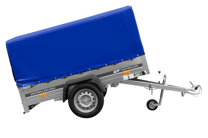 Einachsanhänger auf Blattfedern 200×125 UNITRAILER GARDEN 201/R KIPP mit H-800-Rahmen und blauer Plane-Neu