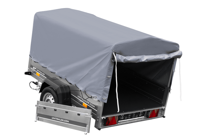 Einachsanhänger auf Blattfedern 200×125 UNITRAILER GARDEN 201/R KIPP mit H-800-Rahmen und grauer Plane-Neu