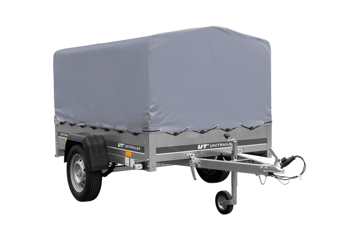Einachsanhänger auf Blattfedern 200×125 UNITRAILER GARDEN 201/R KIPP mit H-800-Rahmen und grauer Plane-Neu