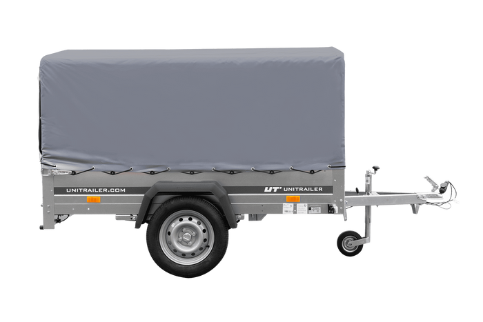 Einachsanhänger auf Blattfedern 200×125 UNITRAILER GARDEN 201/R KIPP mit H-800-Rahmen und grauer Plane-Neu