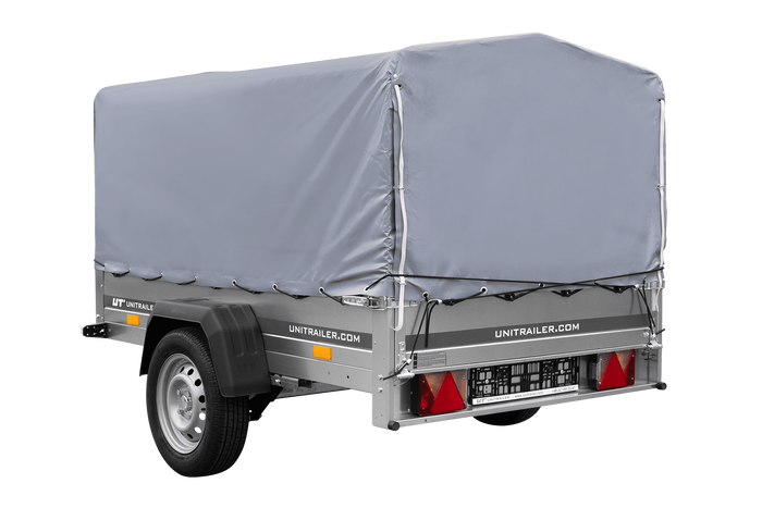Einachsanhänger auf Blattfedern 200×125 UNITRAILER GARDEN 201/R KIPP mit H-800-Rahmen und grauer Plane-Neu