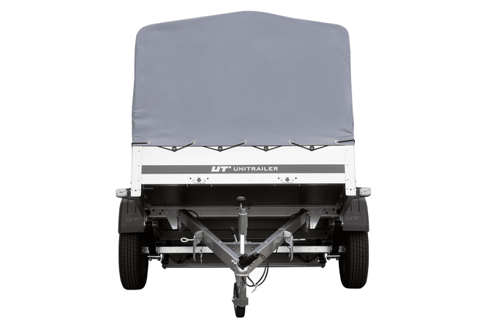 Einachsanhänger auf Blattfedern 200×125 UNITRAILER GARDEN 201/R KIPP mit H-800-Rahmen und grauer Plane-Neu