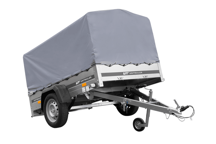 Einachsanhänger auf Blattfedern 200×125 UNITRAILER GARDEN 201/R KIPP mit H-800-Rahmen und grauer Plane-Neu