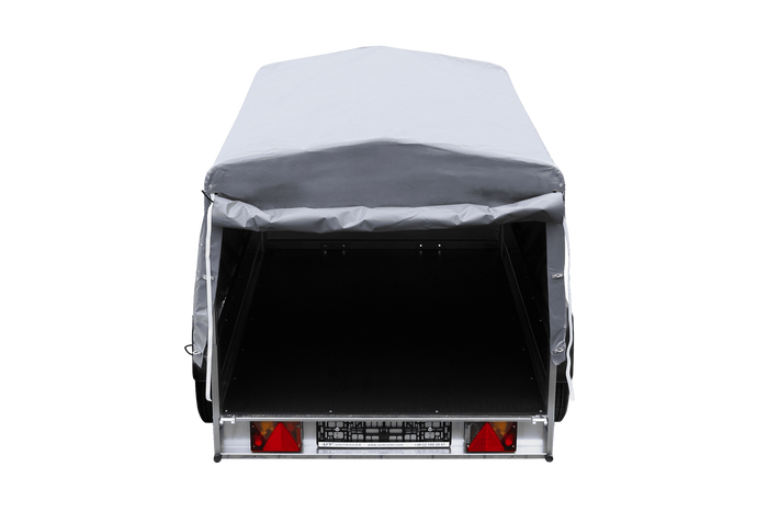 Einachsanhänger auf Blattfedern 200×125 UNITRAILER GARDEN 201/R KIPP mit H-800-Rahmen und grauer Plane-Neu
