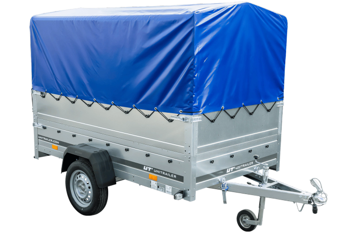 Einachsanhänger auf Blattfedern 230×125 UNITRAILER GARDEN 230/R KIPP mit BIS-Seiten, H-800-Rahmen und blauer Plane-Neu