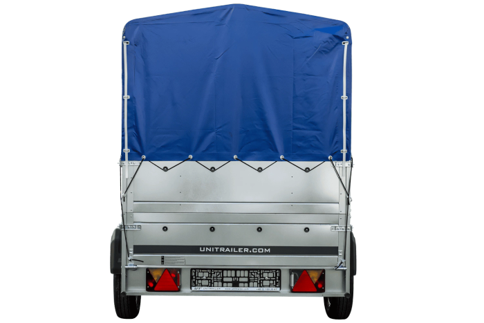 Einachsanhänger auf Blattfedern 230×125 UNITRAILER GARDEN 230/R KIPP mit BIS-Seiten, H-800-Rahmen und blauer Plane-Neu