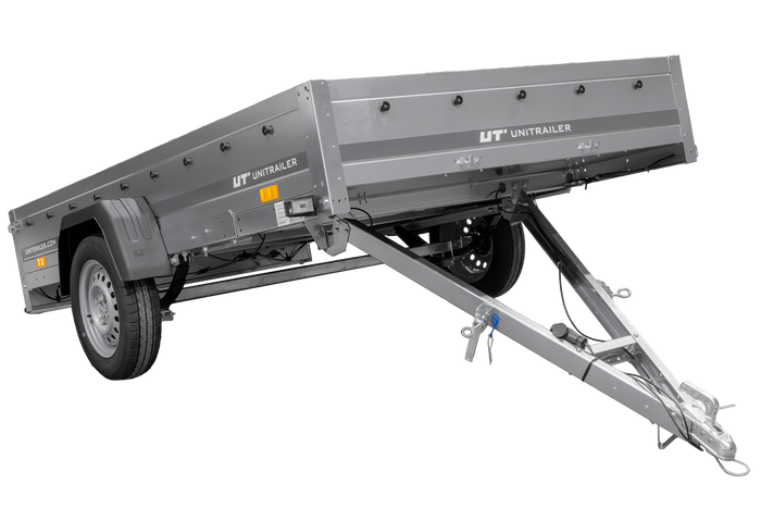 Autotransportanhänger auf Blattfedern 264×150 UNITRAILER GARDEN 265/R KIPP mit Gitterwänden, H-800 Rahmen und blauer Plane-Neu