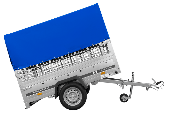 Einachsanhänger auf Federn 200×125 UNITRAILER GARDEN 201/R KIPP mit Gitterwänden, H-800-Rahmen und blauer Plane-Neu