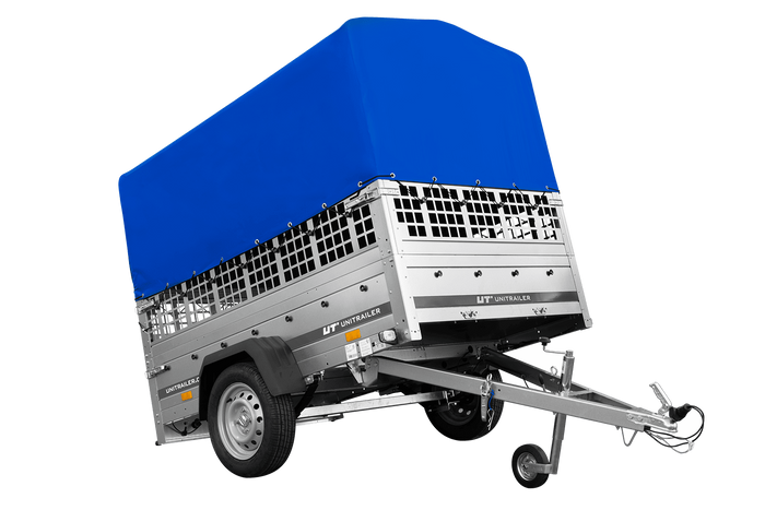 Einachsanhänger auf Federn 200×125 UNITRAILER GARDEN 201/R KIPP mit Gitterwänden, H-800-Rahmen und blauer Plane-Neu