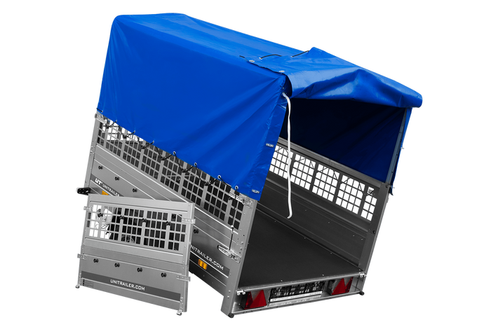 Einachsanhänger auf Federn 200×125 UNITRAILER GARDEN 201/R KIPP mit Gitterwänden, H-800-Rahmen und blauer Plane-Neu