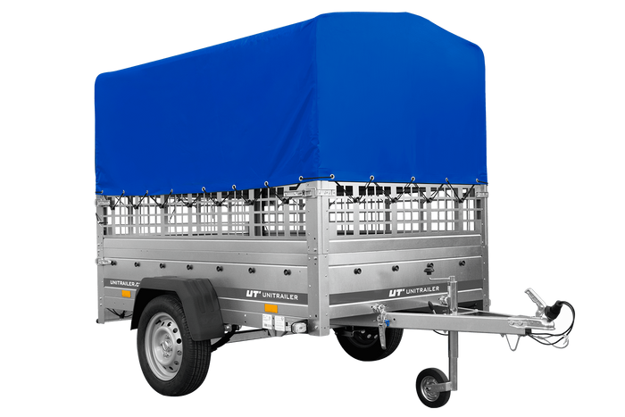 Einachsanhänger auf Federn 200×125 UNITRAILER GARDEN 201/R KIPP mit Gitterwänden, H-800-Rahmen und blauer Plane-Neu