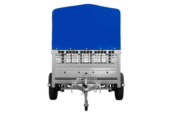 Einachsanhänger auf Federn 200×125 UNITRAILER GARDEN 201/R KIPP mit Gitterwänden, H-800-Rahmen und blauer Plane-Neu