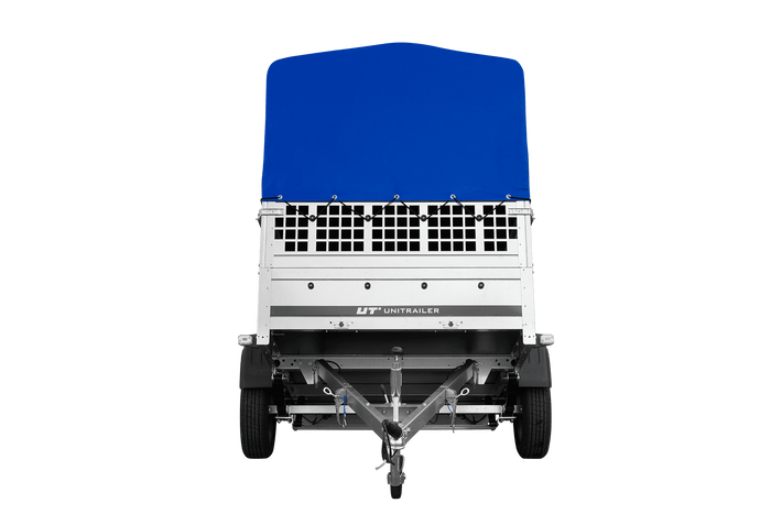 Einachsanhänger auf Federn 200×125 UNITRAILER GARDEN 201/R KIPP mit Gitterwänden, H-800-Rahmen und blauer Plane-Neu