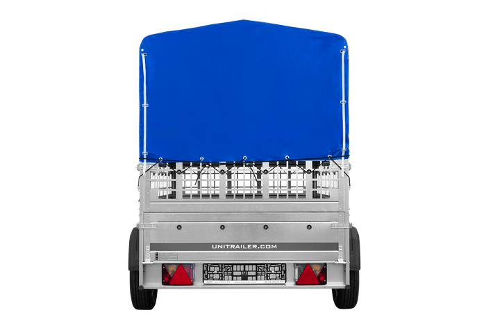 Einachsanhänger auf Federn 200×125 UNITRAILER GARDEN 201/R KIPP mit Gitterwänden, H-800-Rahmen und blauer Plane-Neu