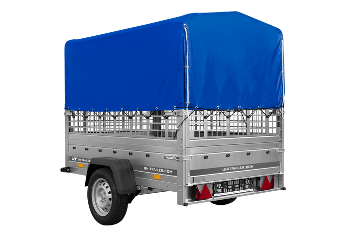 Einachsanhänger auf Federn 200×125 UNITRAILER GARDEN 201/R KIPP mit Gitterwänden, H-800-Rahmen und blauer Plane-Neu