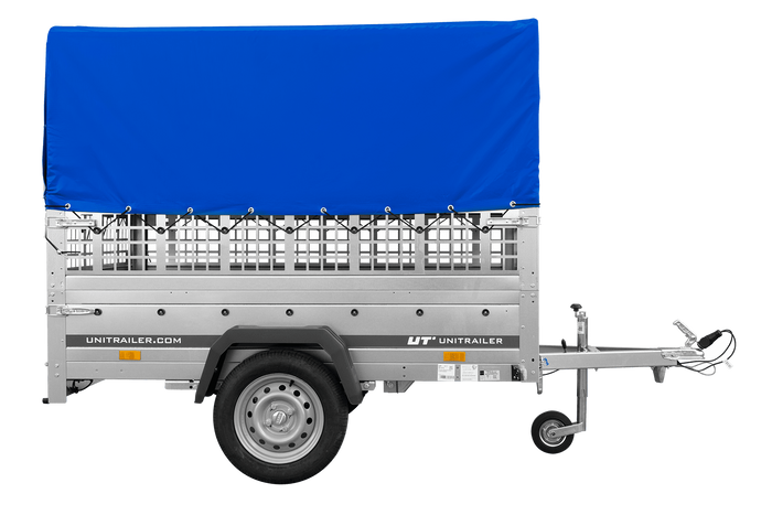 Einachsanhänger auf Federn 200×125 UNITRAILER GARDEN 201/R KIPP mit Gitterwänden, H-800-Rahmen und blauer Plane-Neu