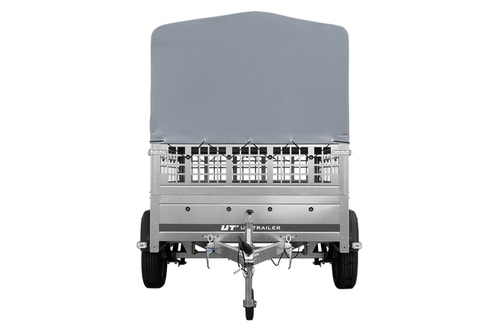 Einachsanhänger auf Federn 200×125 UNITRAILER GARDEN 201/R KIPP mit Gitterwänden, H-800-Rahmen und grauer Plane-Neu